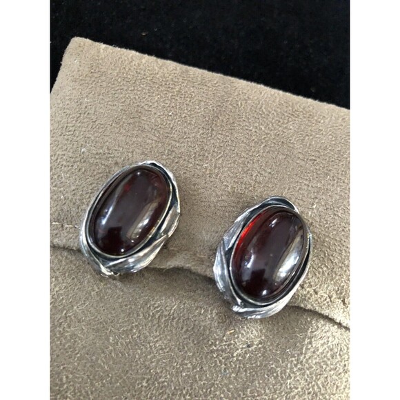 Vintage Amber Sterling Silver Earrings Clip On Baltic Amber Cognac - Picture 1 of 8